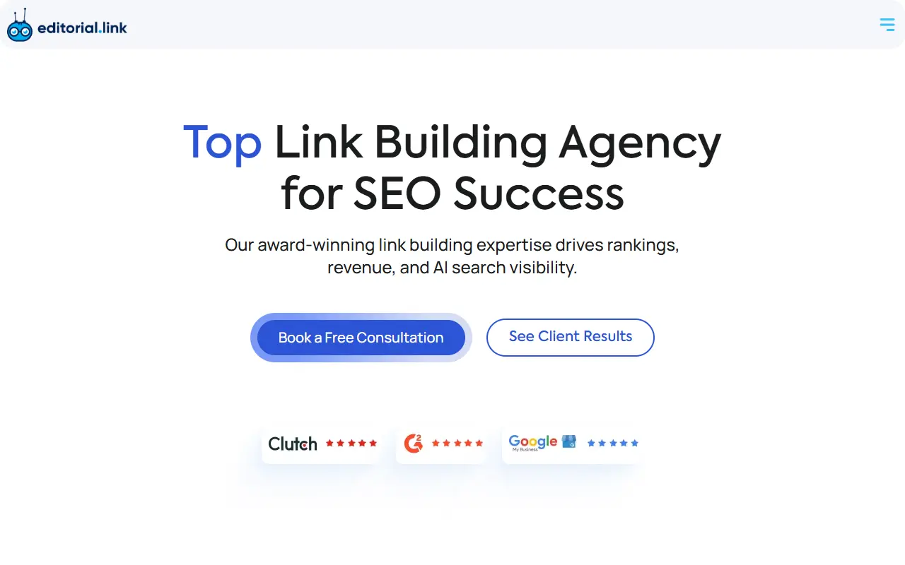 Editorial.Link homepage with the headline "Top Link Building Agency for SEO Success"