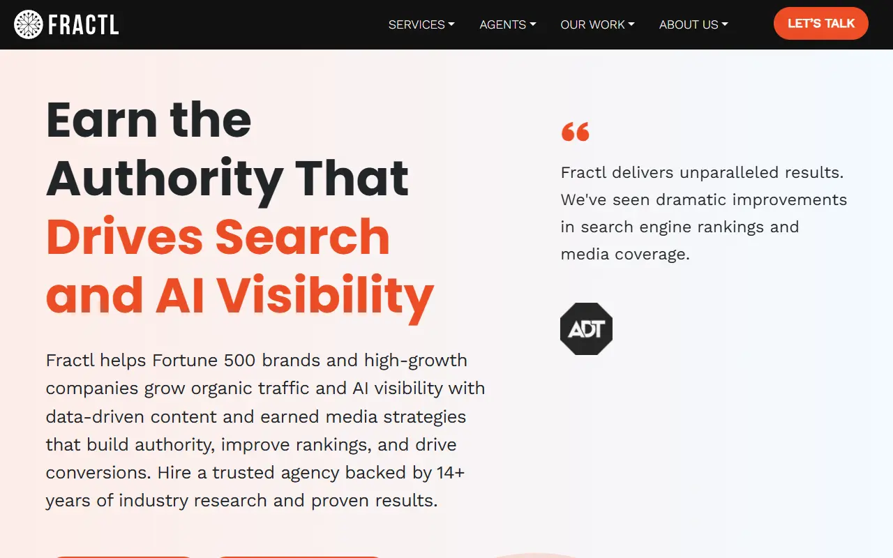 Fractl homepage with the headline "Earn the Authority That Drives Search and AI Visibility"