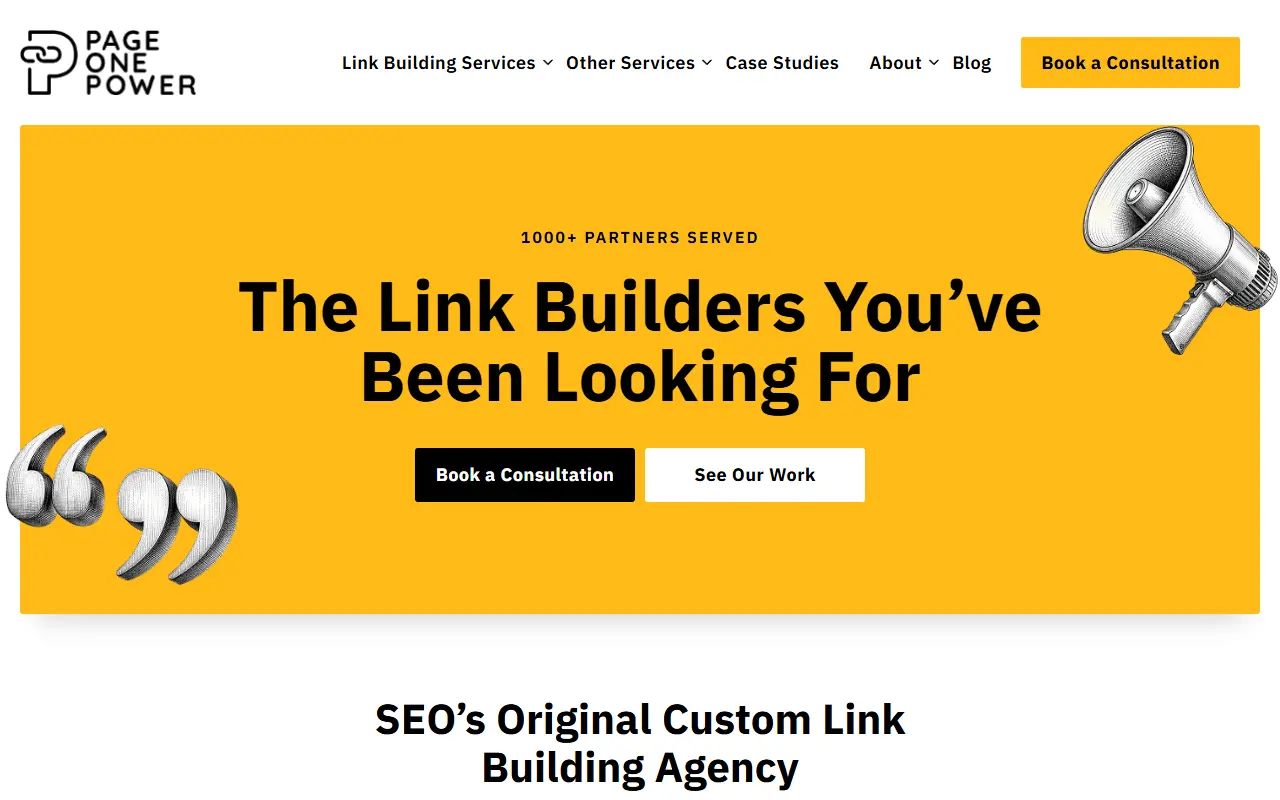 Page One Power homepage with the headline "The Link Builders You’ve Been Looking For"