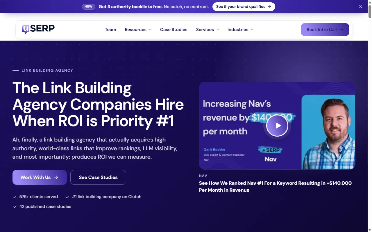 uSERP homepage with the headline "The Link Building Agency Companies Hire When ROI is Priority #1"